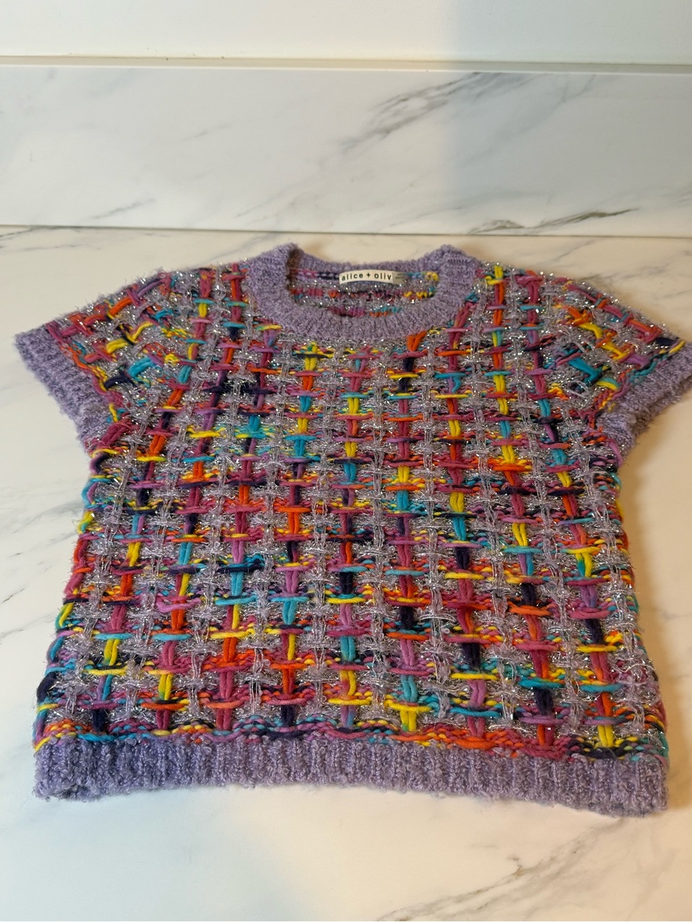 Alice and Olivia colorful tweeded metallic sweater top